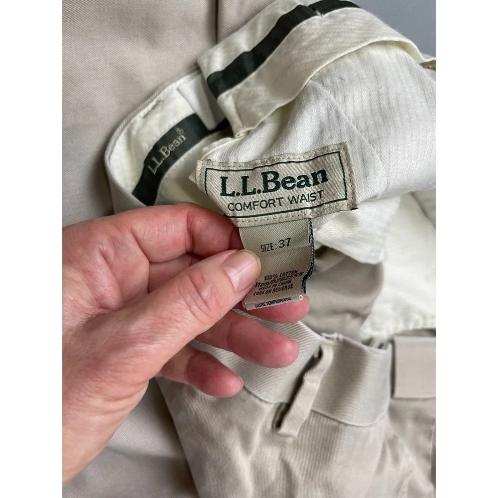 LL Bean Mens Comfort Waist Chinos Tan Khaki Flat Front Cotton Pants 37x26 262555